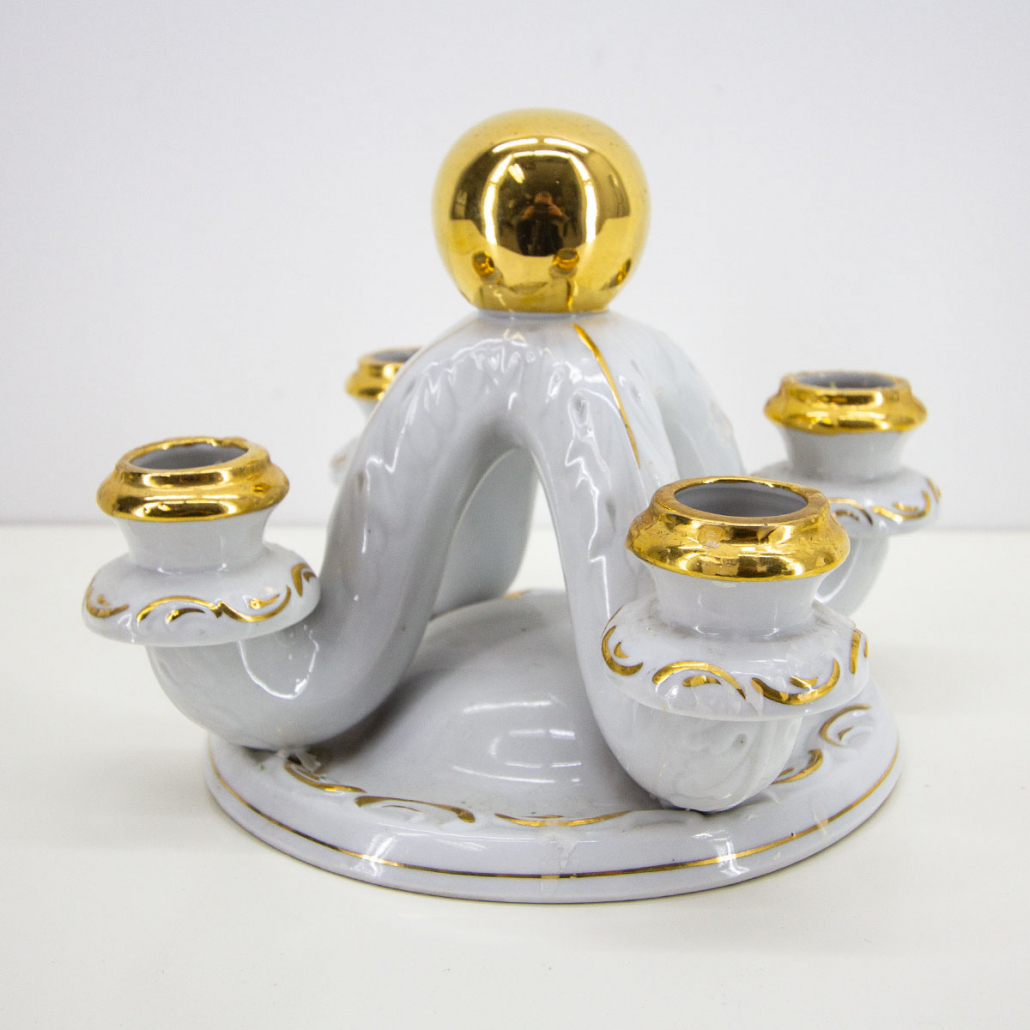 Kerzenhalter Kerzenständer 4-armig aus Porzellan weiß/gold